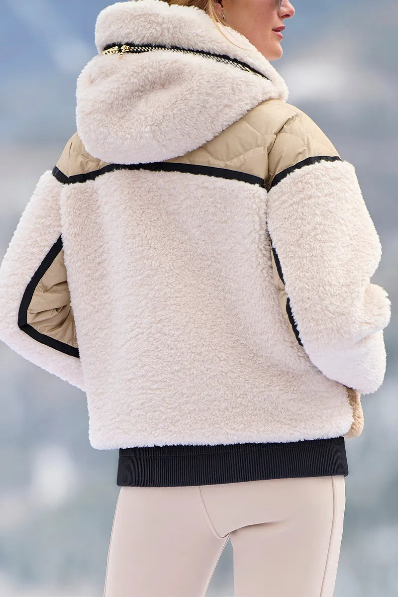 Women's Hooded Patchwork Contrasting Color Casual Plush Coat