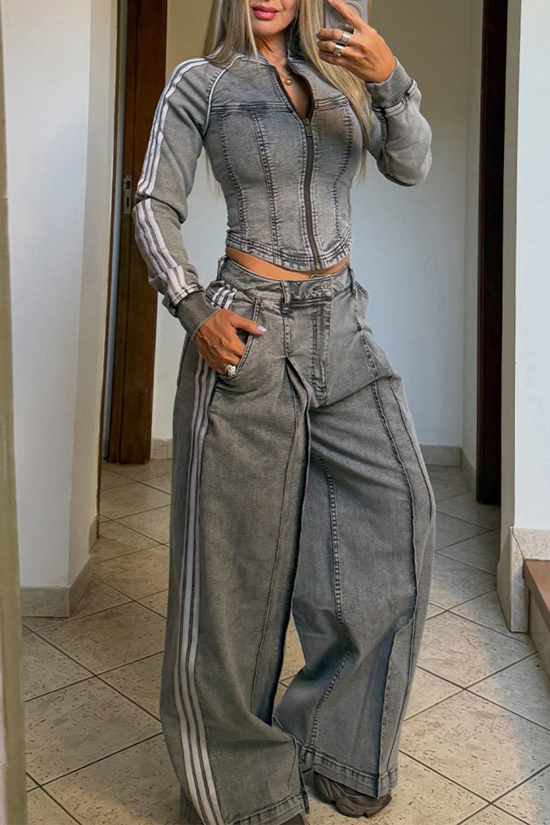 Women's Casual Slim Denim Jacket or Wide Leg Jeans