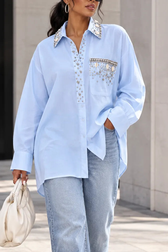 Women's The Astrid Jewel-Embellished Cotton Shirt with Crystal Collar - Sky Blue