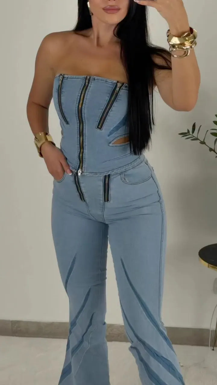 Women Strapless Patchwork Zipper Top + Pants Casual Denim Suit