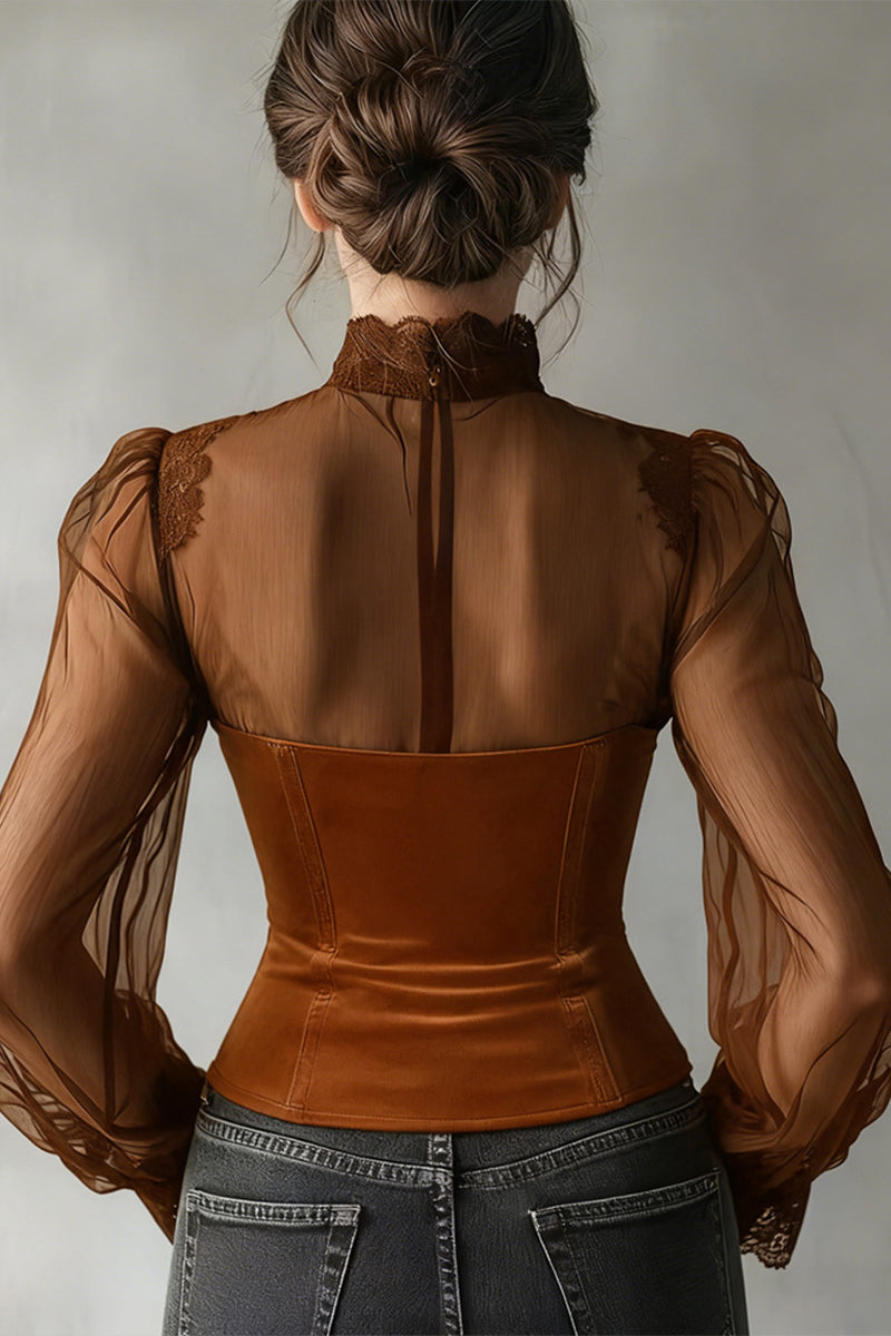 Women's Mesh Spliced Hollow Flared Sleeve Tie Elegant Temperament Top