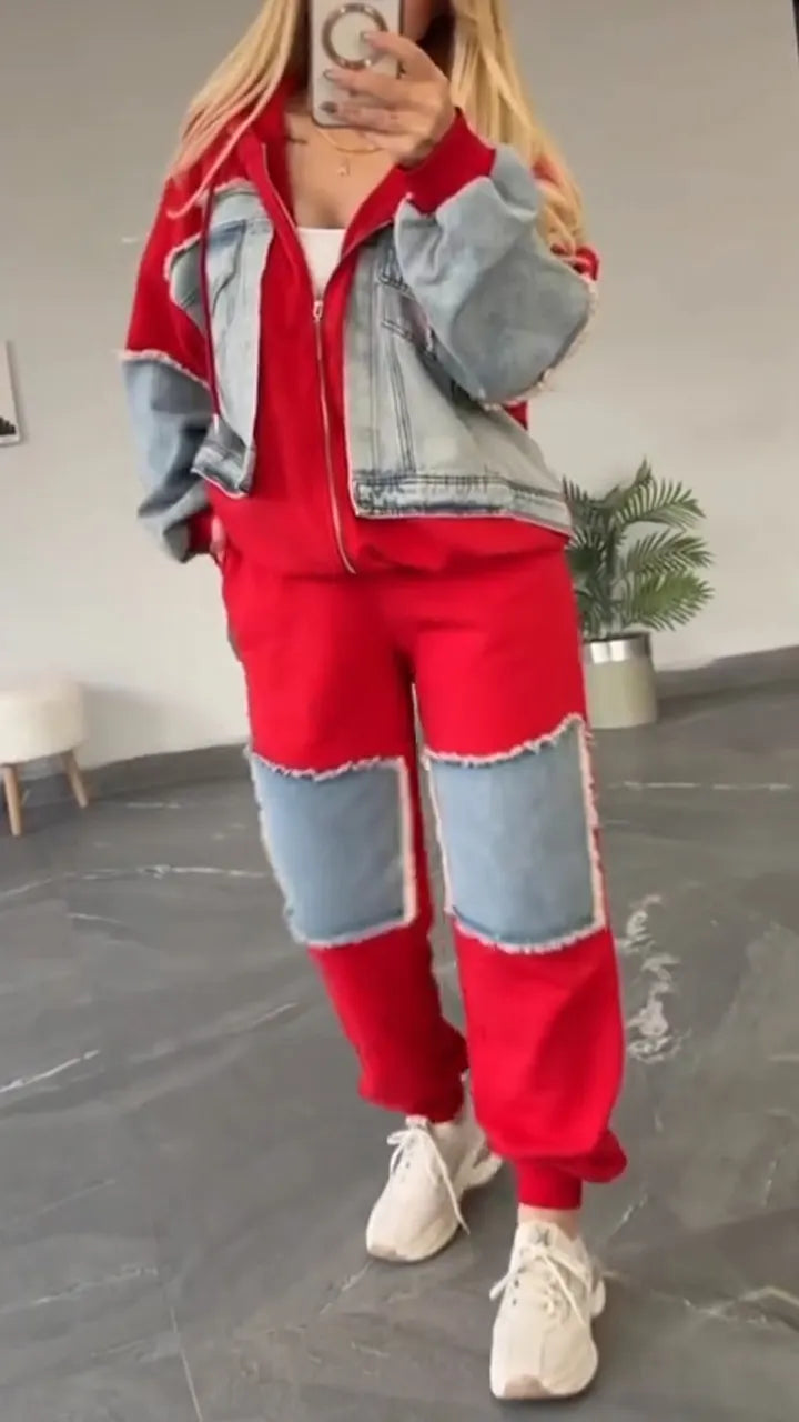 Women Collared Patchwork Denim Casual Suit