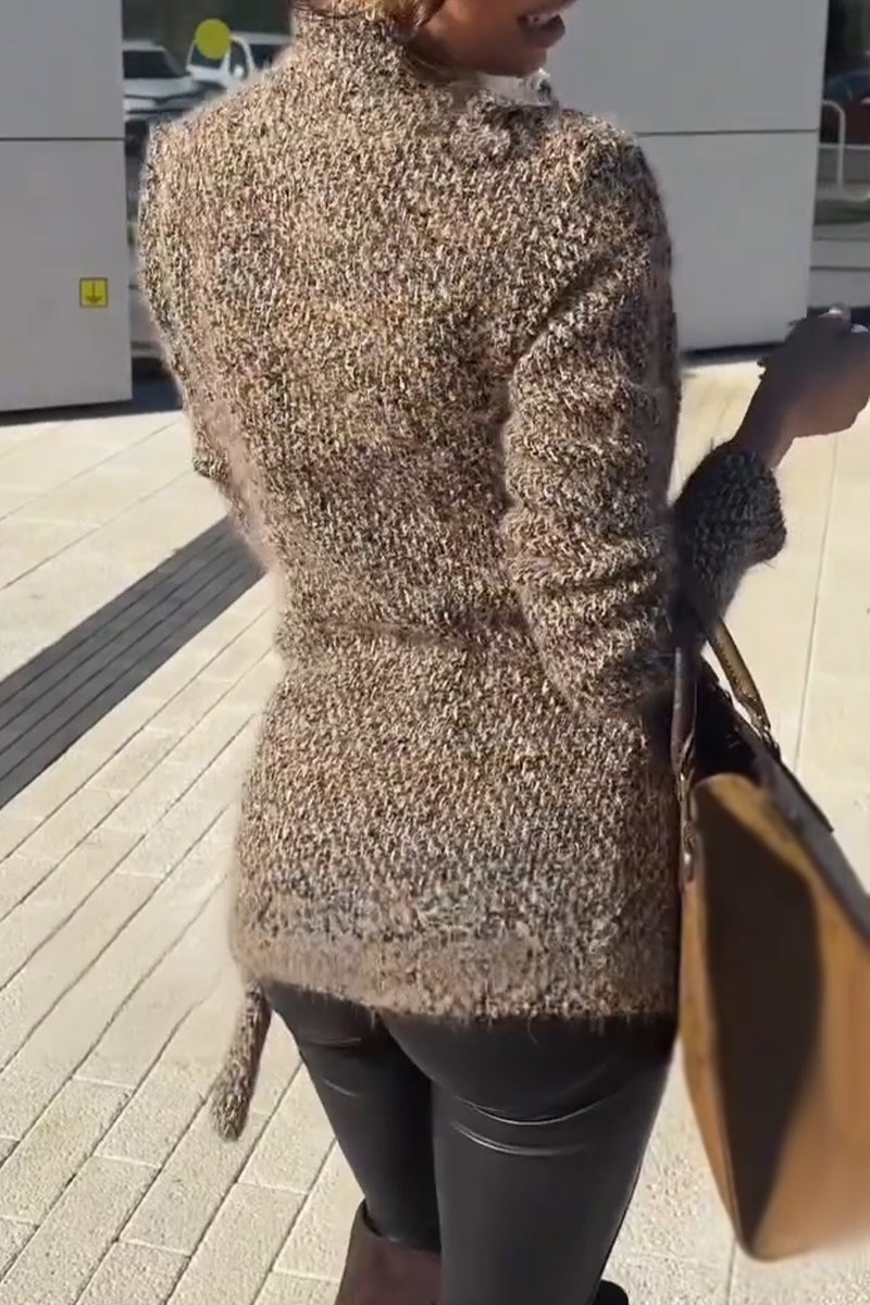 Women's V-neck Thick Tweed Lace Up Waist Cinching Jacket