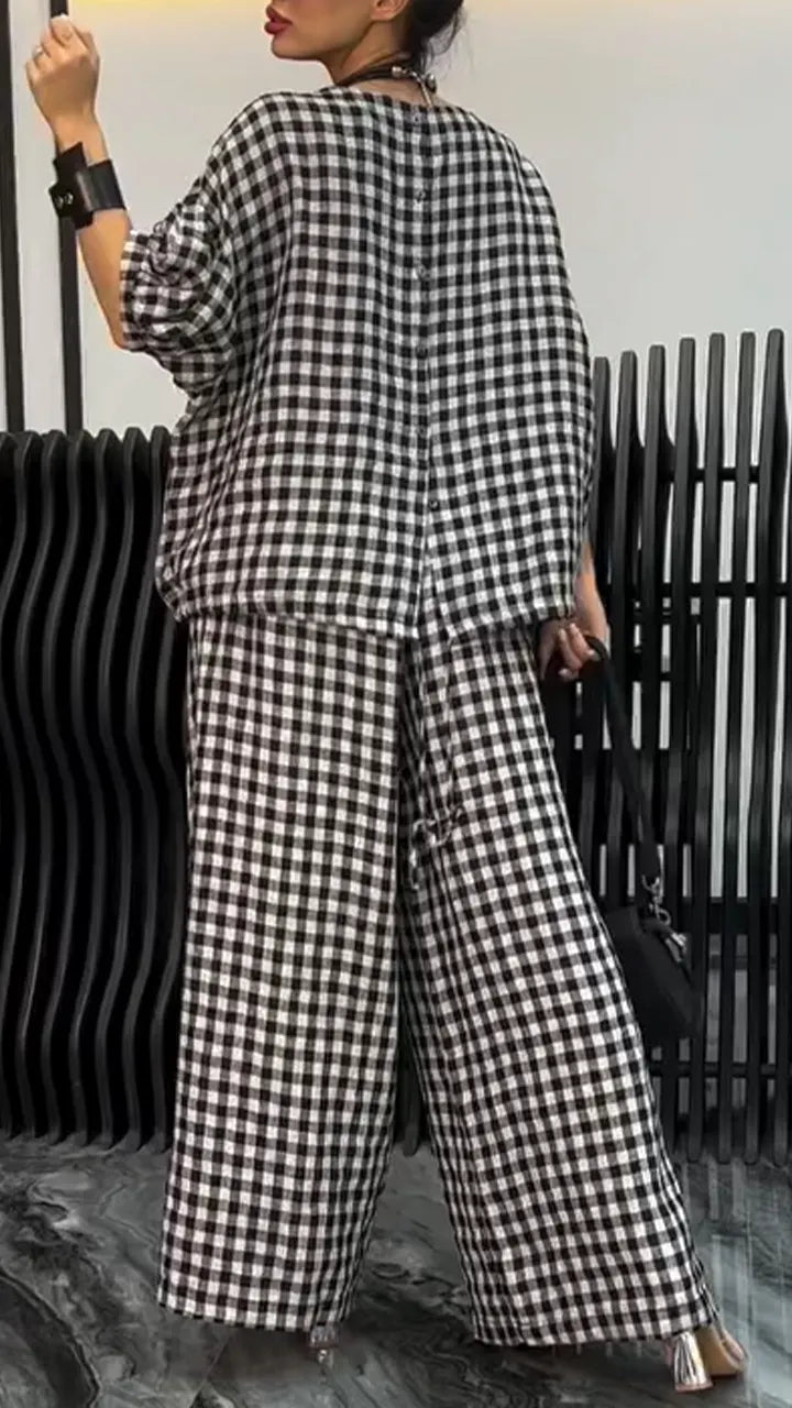 Ladies' Round Neck Plaid Casual Loose Suit