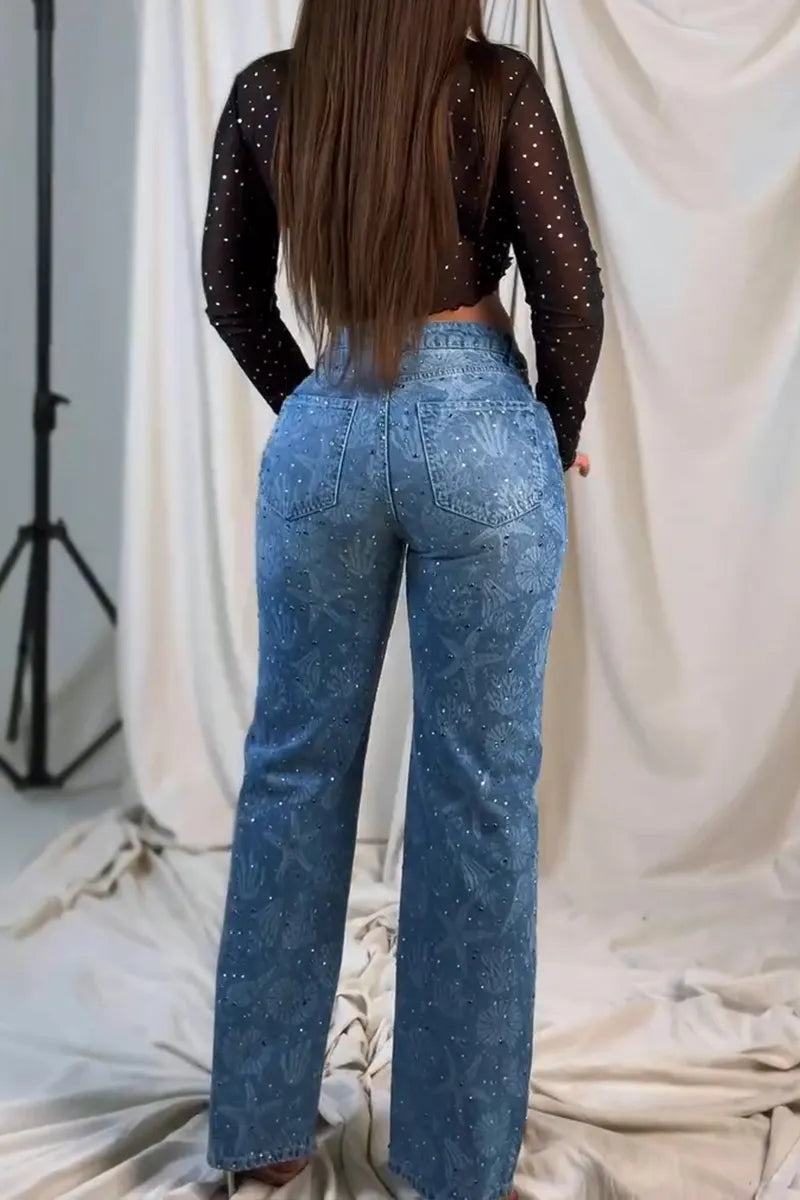 Women's Fashion Rhinestone Sheer Top & Pattern Jeans