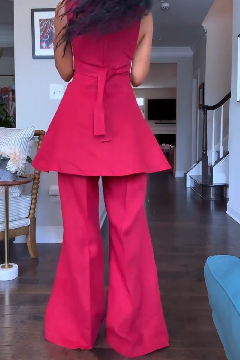 Women's Round Neck Sleeveless Waist Cinching Elegant Dress or Solid Color Pants