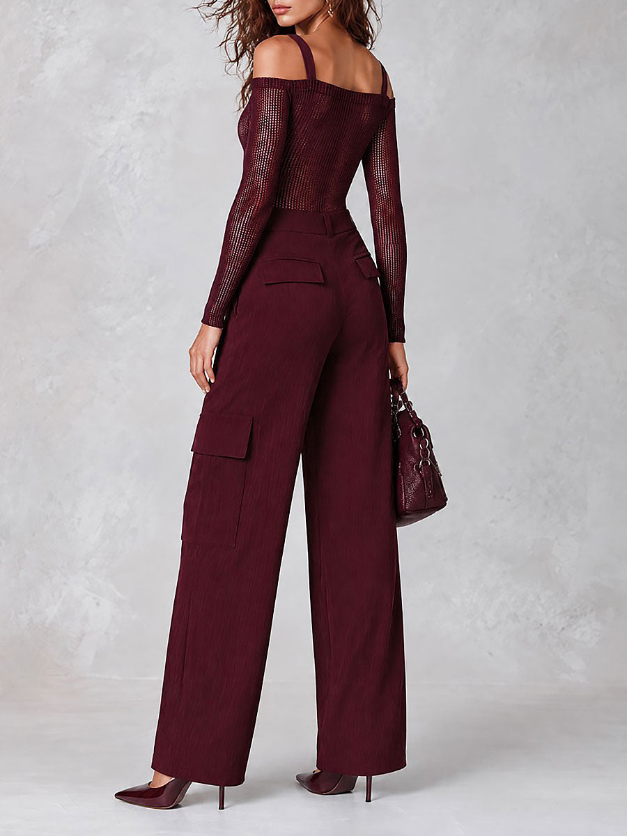 Retro Burgundy Off-Shoulder Sheer Long Sleeve Top & High-waisted Cargo Pants Set