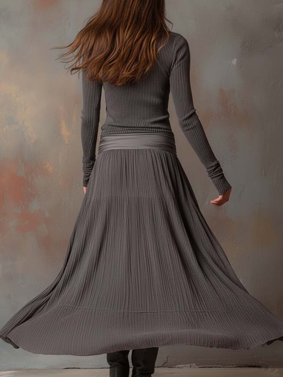 Vintage Ribbed Knit Maxi Dress In Charcoal Gray