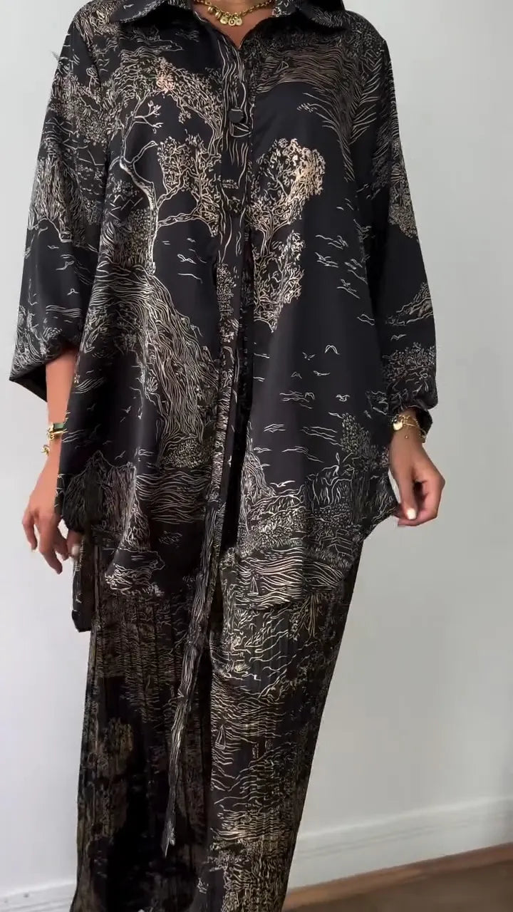 Ladies' Collar Printed Top+ Pleated Pants Casual Set