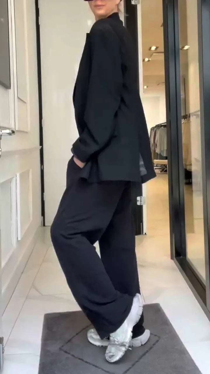 Women Lapel Jacket + Pants Solid Color Temperament Commuter Set