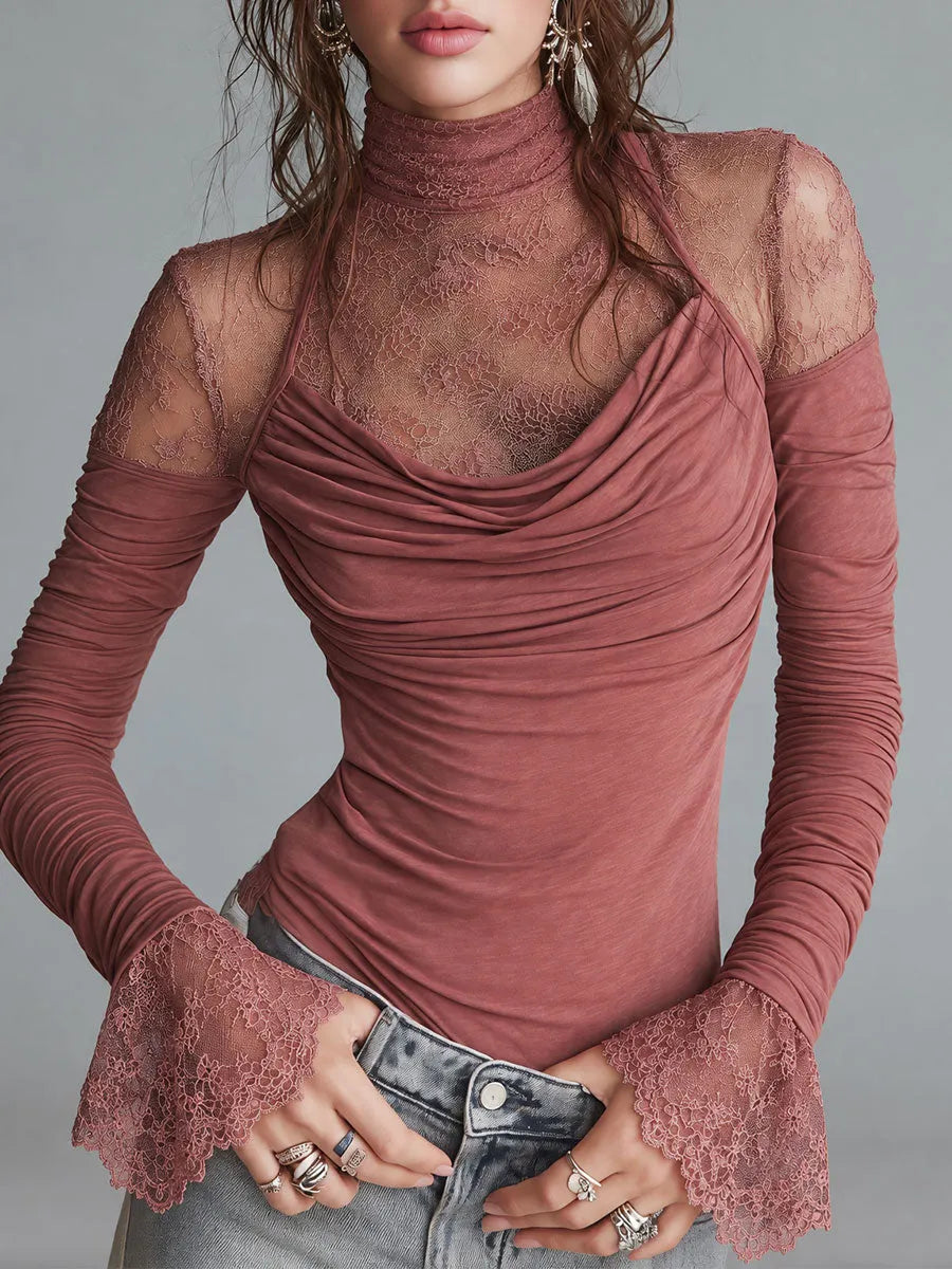 Stylish Dusty Rose Lace Mock Neck Ruched Top with Flared Lace Cuffs
