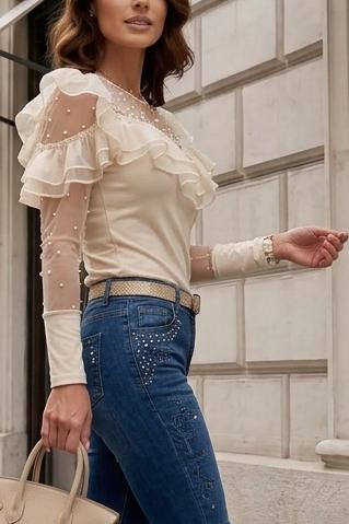 Women's Elegant Sheer Mesh Patchwork Blouse Long Sleeve Layered Ruffle Trim Tops Mock Neck See Through Casual Work Shirts
