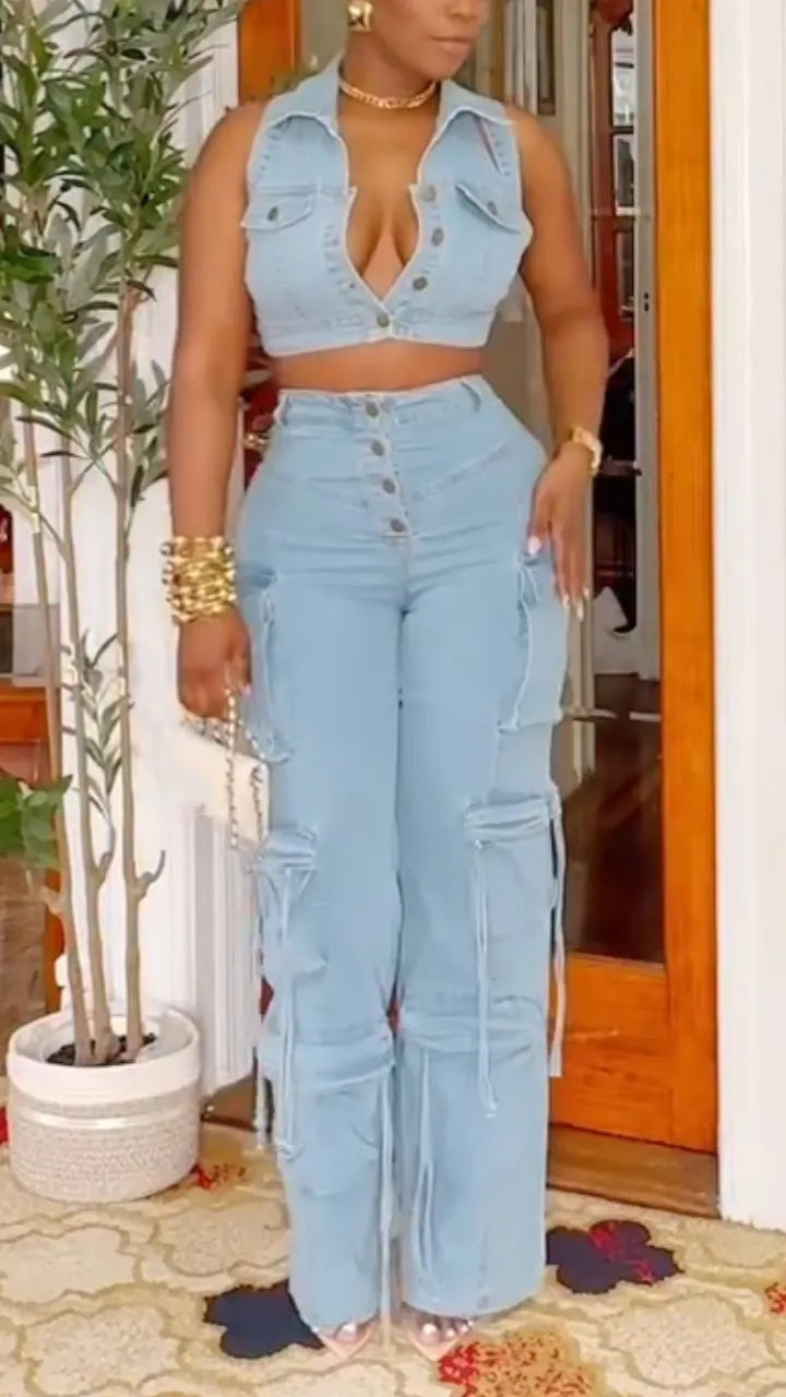 Women Lapel Denim Top + Spliced Multi-pocket Pants Casual Suit