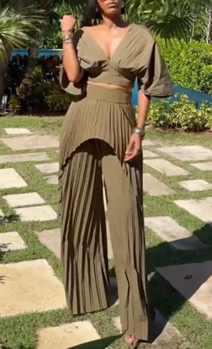 Women V-neck Short Top + Patchwork Pleated Wide Leg Pants Solid Color Temperament Casual Set
