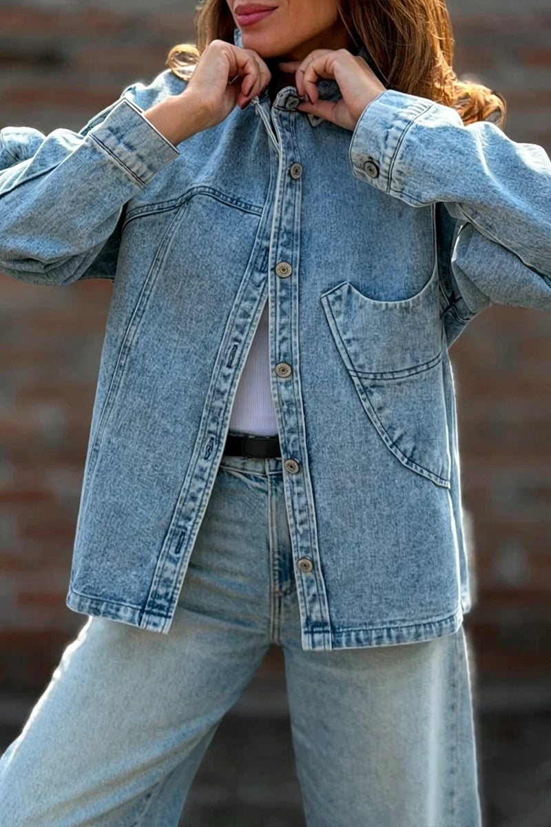 Women's Lapel Washing Water Splicing Pocket Casual Denim Jacket