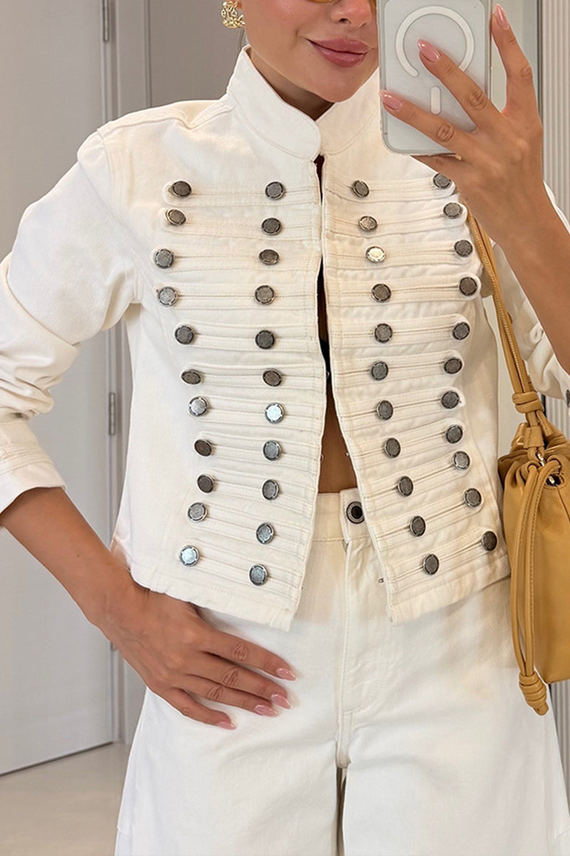 Women's Casual Woven Button Decoration Short Denim Jacket