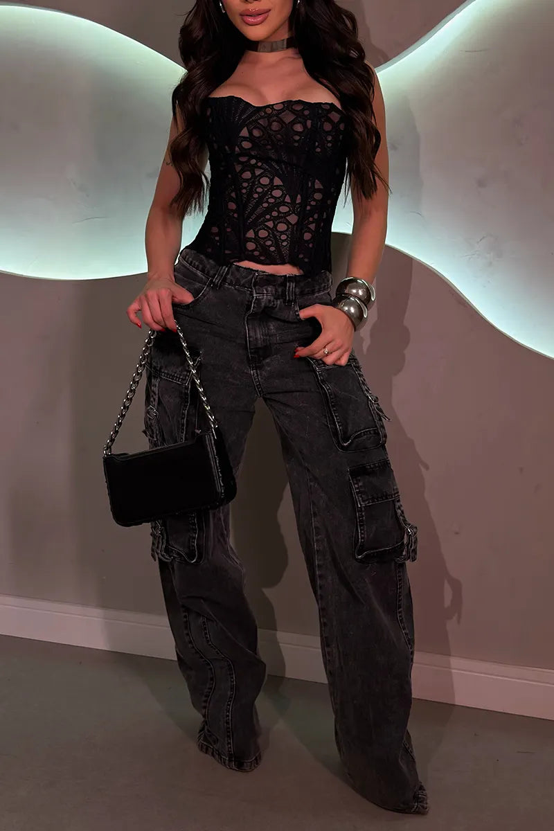 Women's Sexy Casual Strapless Fishbone Top or Patchwork Multi Pocket Jeans