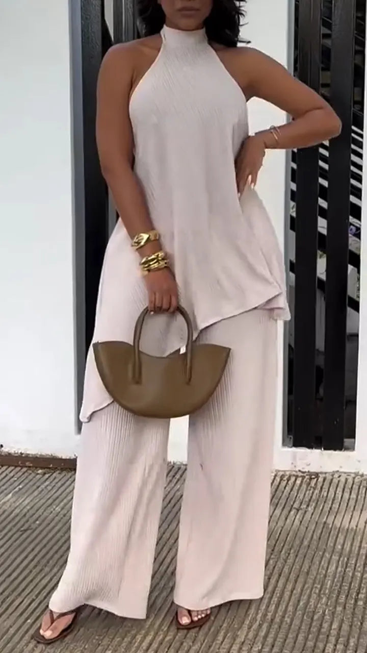 Women Neck Hanging Sleeveless Irregular Top + Pants Solid Color Casual Suit