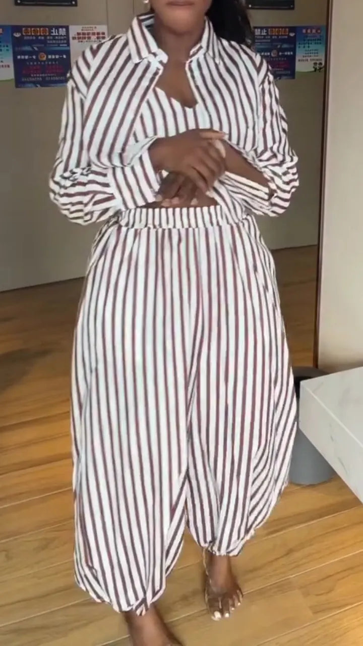 Women Collar Vertical Stripe Casual Three Piece Set