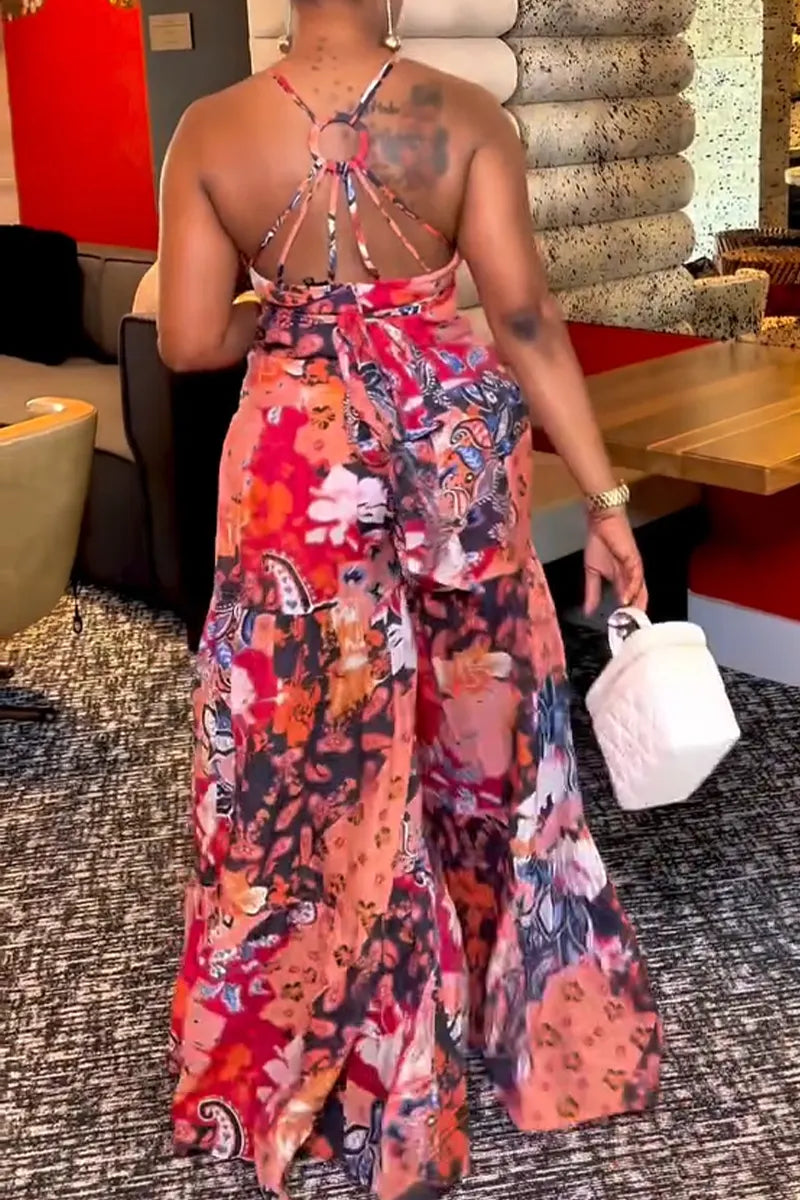 Women Suspender Printed Patchwork Loose Casual Jumpsuit