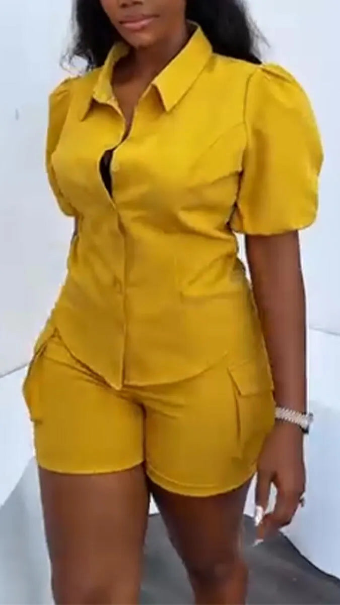 Women Collar Top + Shorts Solid Color Casual Suit