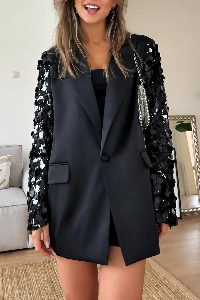 Women's Fashion Sequins Sleeve Decoration Lapel Blazer