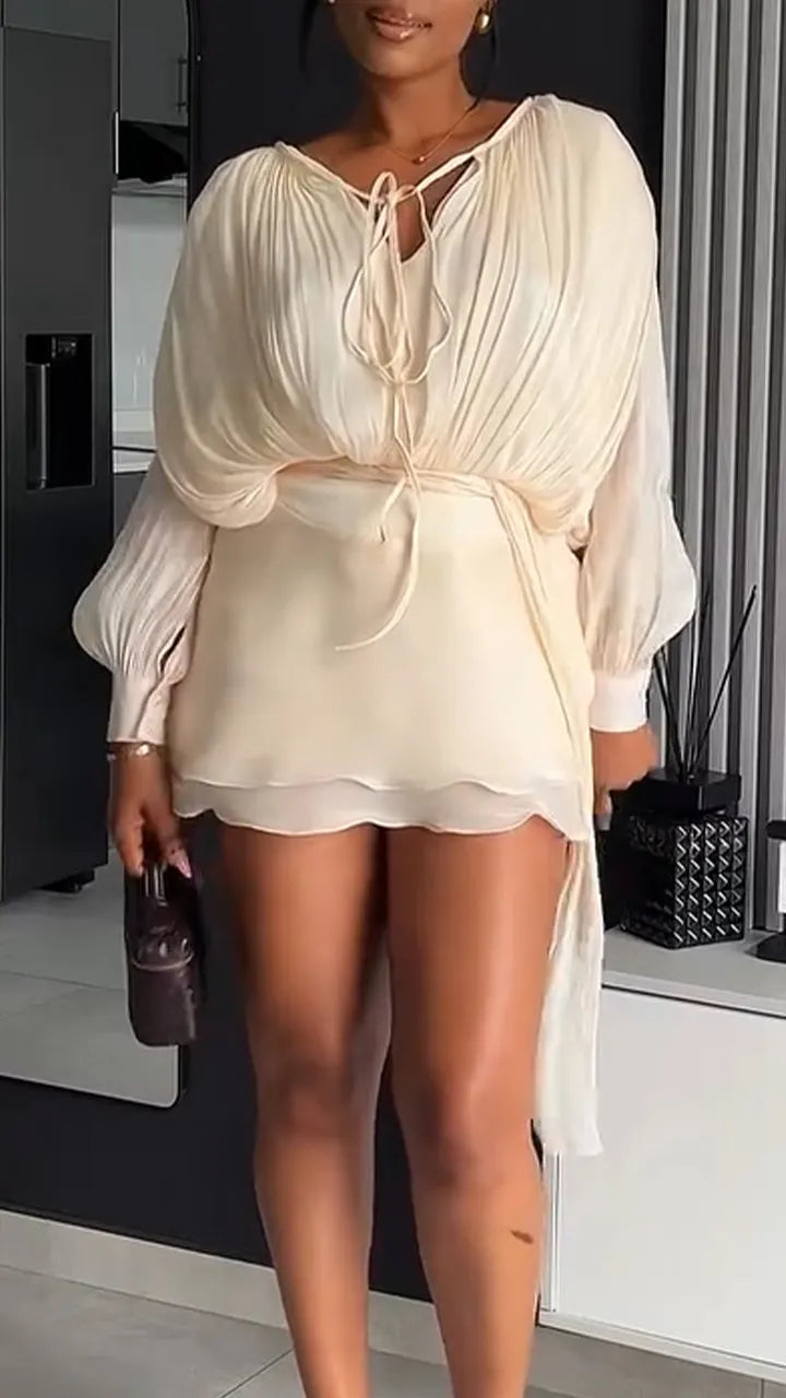 Women V-neck Lantern Sleeve Top+ Patchwork Skirt Elegant Temperament Set