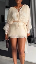Women V-neck Lantern Sleeve Top+ Patchwork Skirt Elegant Temperament Set