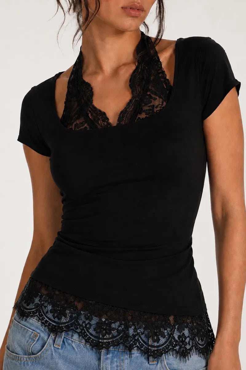 Women's Neck Hanging Lace Patterned Patchwork Casual Top