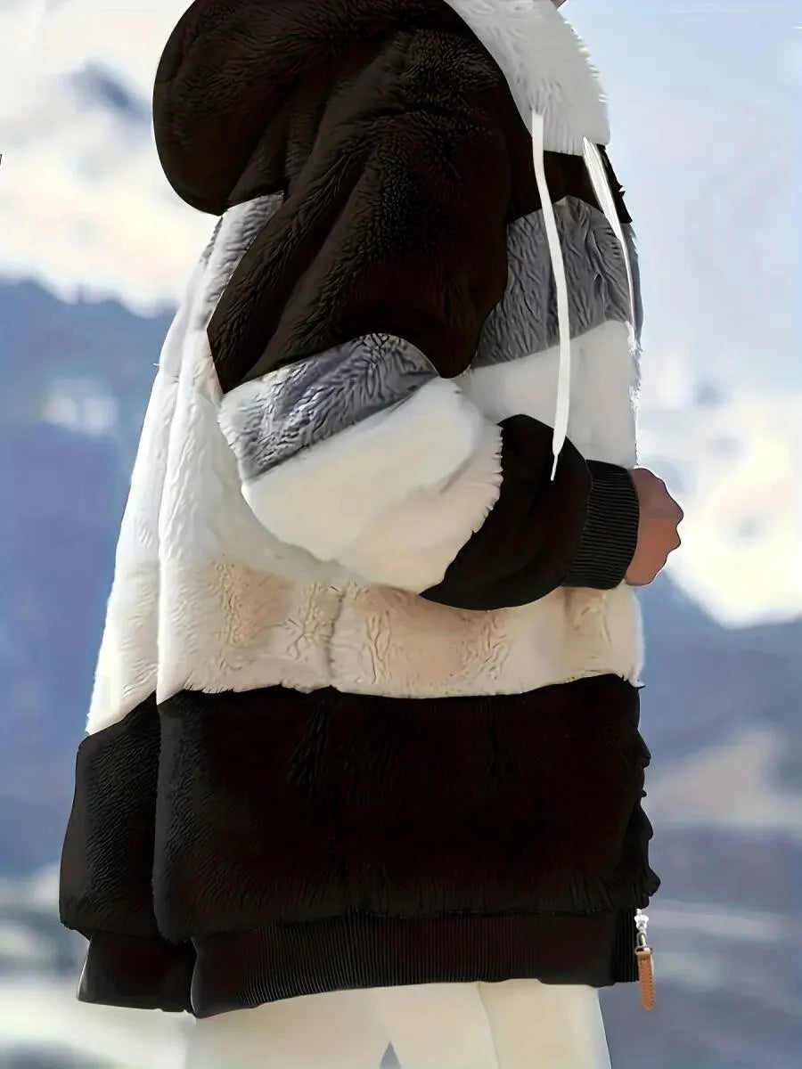 Women's Hooded Contrasting Color Casual Plush Coat