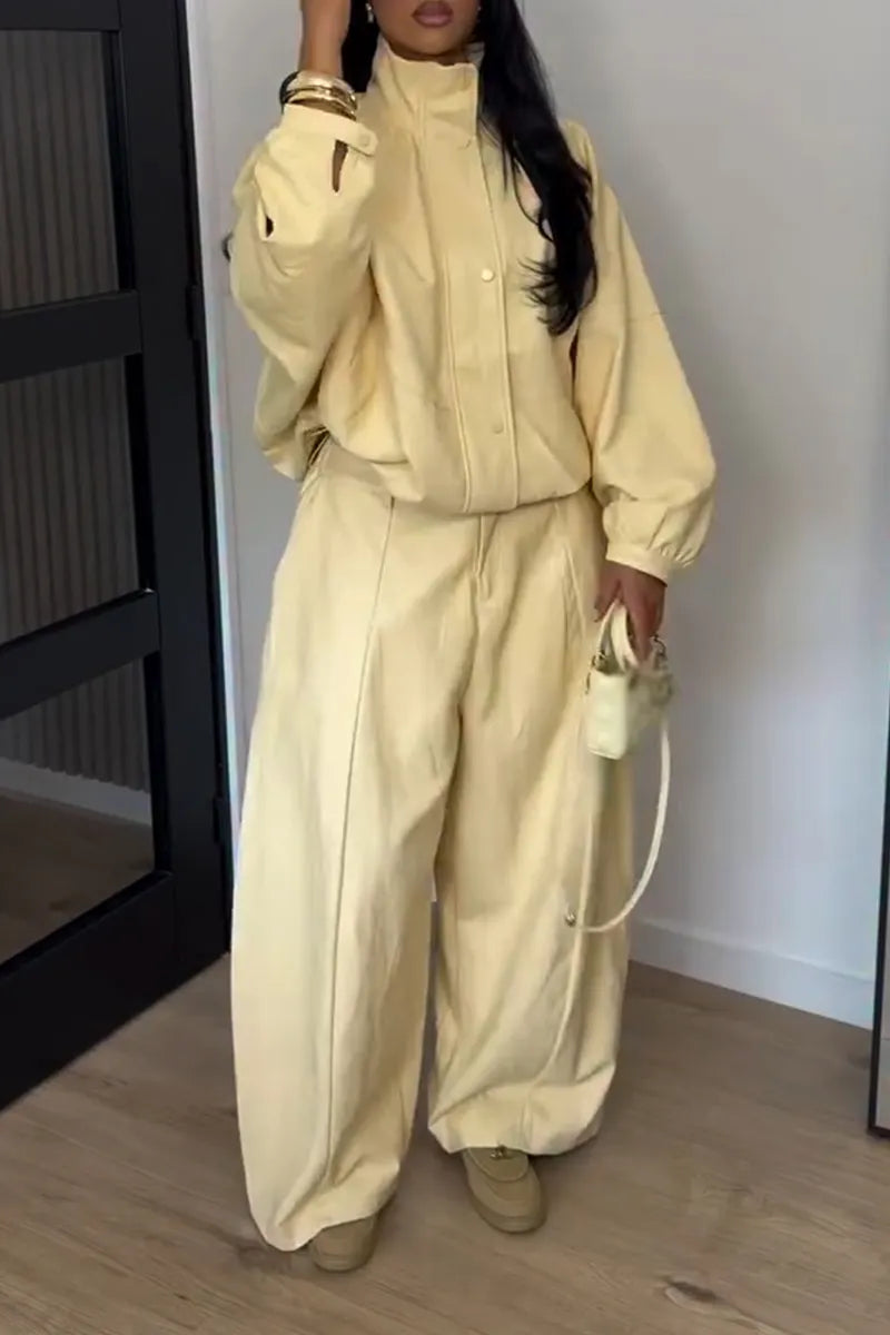 Women Stand Up Collar Jacket + Pants Solid Color Casual Suit