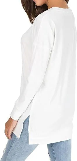 Women Long Sleeve Cotton Top Round Neck Casual Solid Color Top
