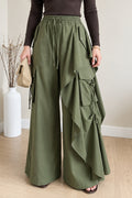Women's High Waist Cargo Pocket Ruffle Olive Green Wide Leg Pants