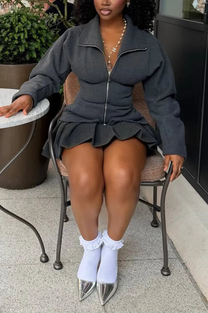Women Collar and Waist Cinched Jacket+ Pleated Half Skirt Elegant Casual Set