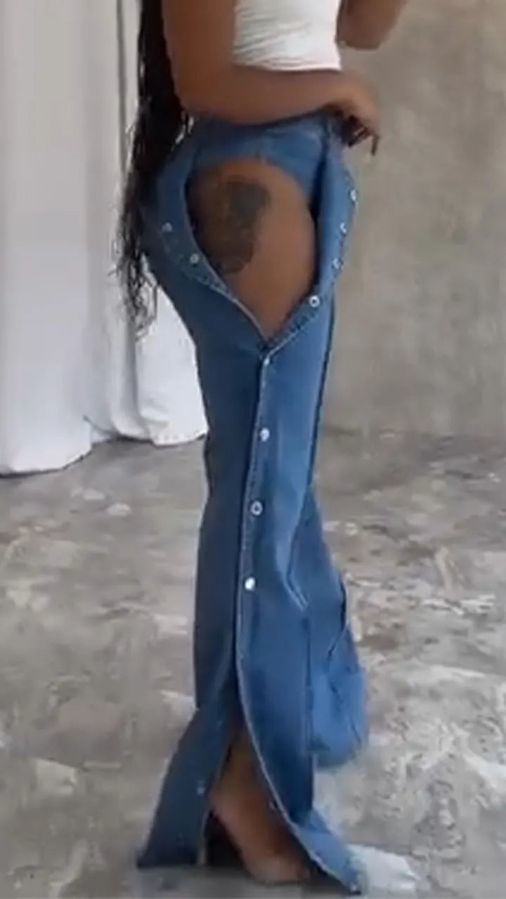 Ladies' Buckle and Slit Casual Denim Pants