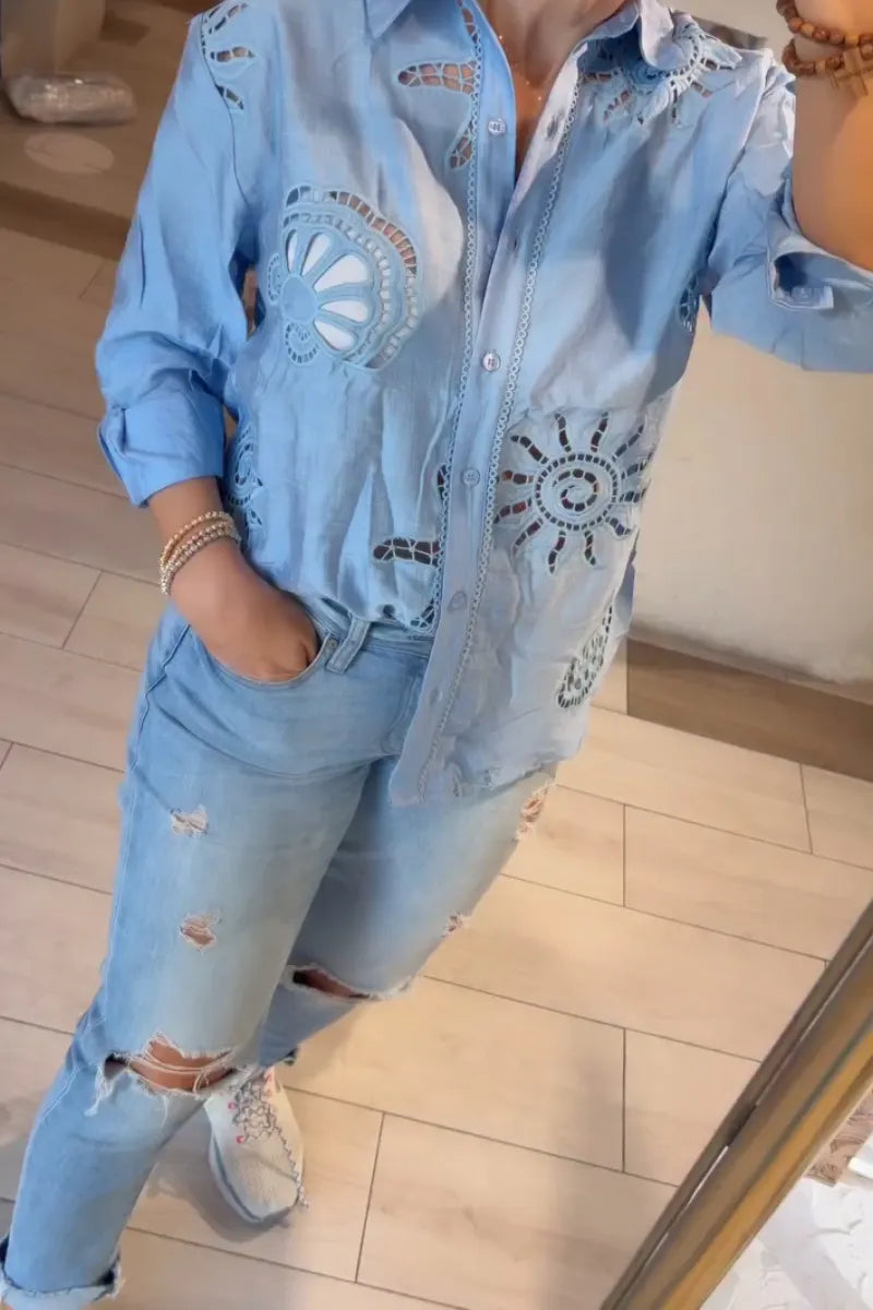 Women Collar Pattern Hollowed Out Shirt or Washed Ripped Jeans
