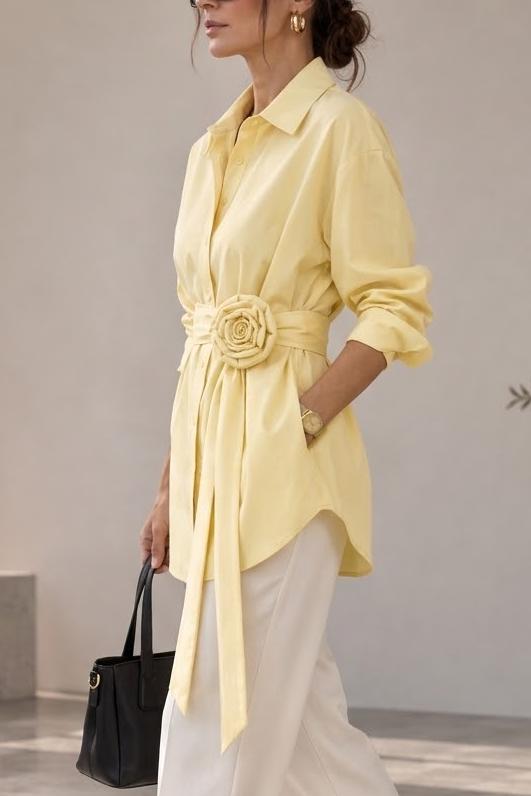 Women's Butter Yellow Button Down Shirt with 3D Rose Flower Belt Long Sleeve Lapel Blouse Tie Waist Casual Elegant Work Tops