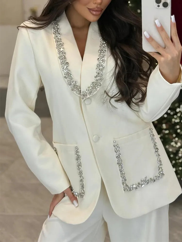 Women V-neck Rhinestone Jacket +pants Temperament Commuting Suit
