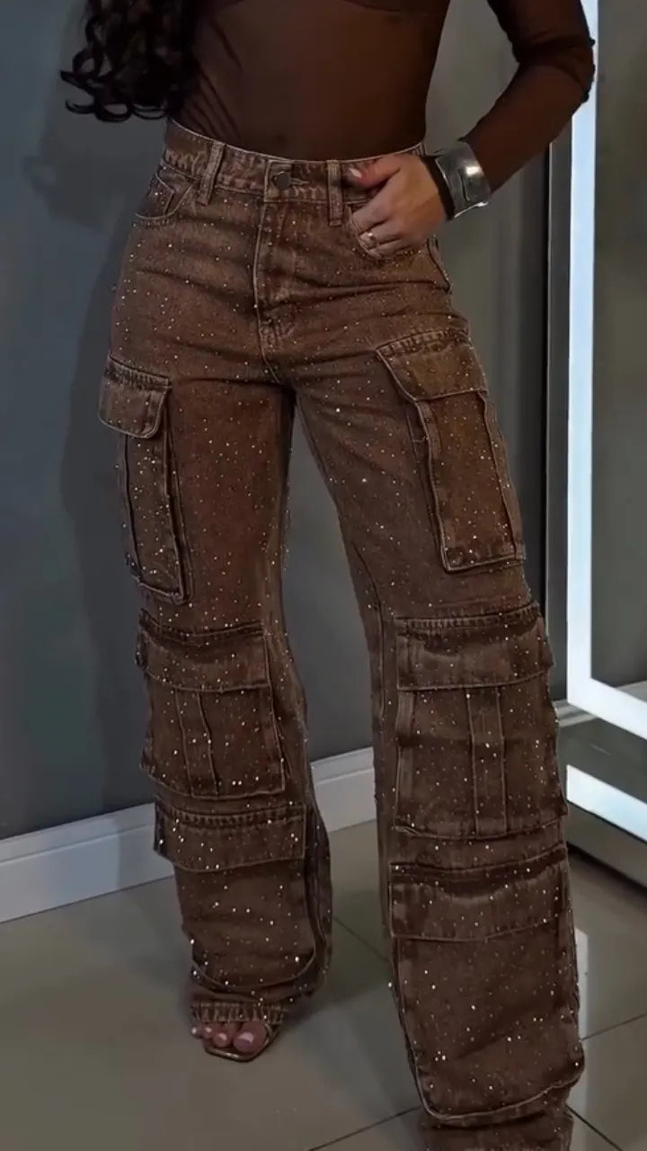 Women Hot Stamping Diamond Splicing Multiple Pockets Temperament Casual Cargo Pants