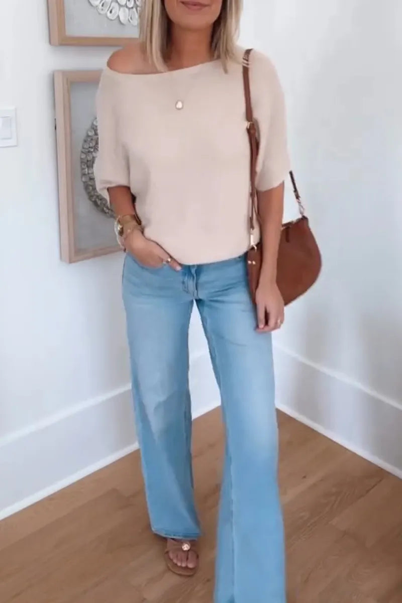 Women Round Neck Solid Color Casual Knitted Top