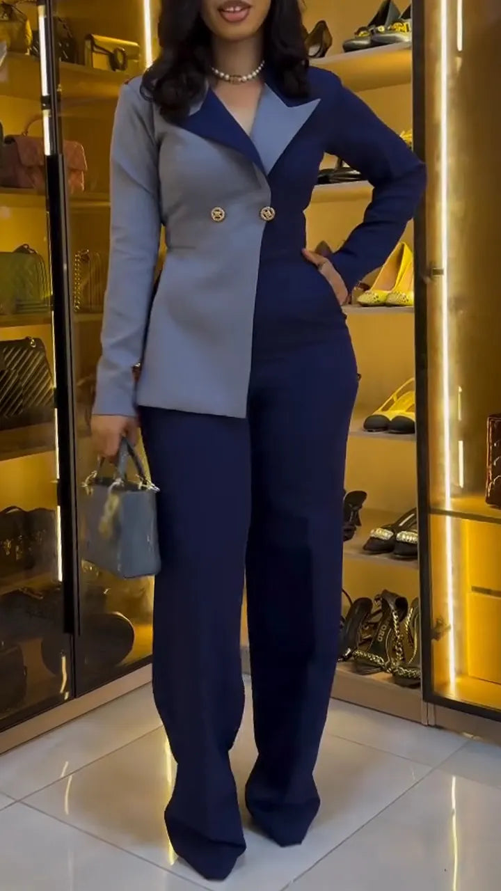 Women Collar Contrasting Color Splicing Fake Two-piece Temperament Commuting Jumpsuit