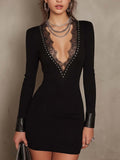 Black Ribbed Knit Bodycon Mini Dress With Lace V-Neck