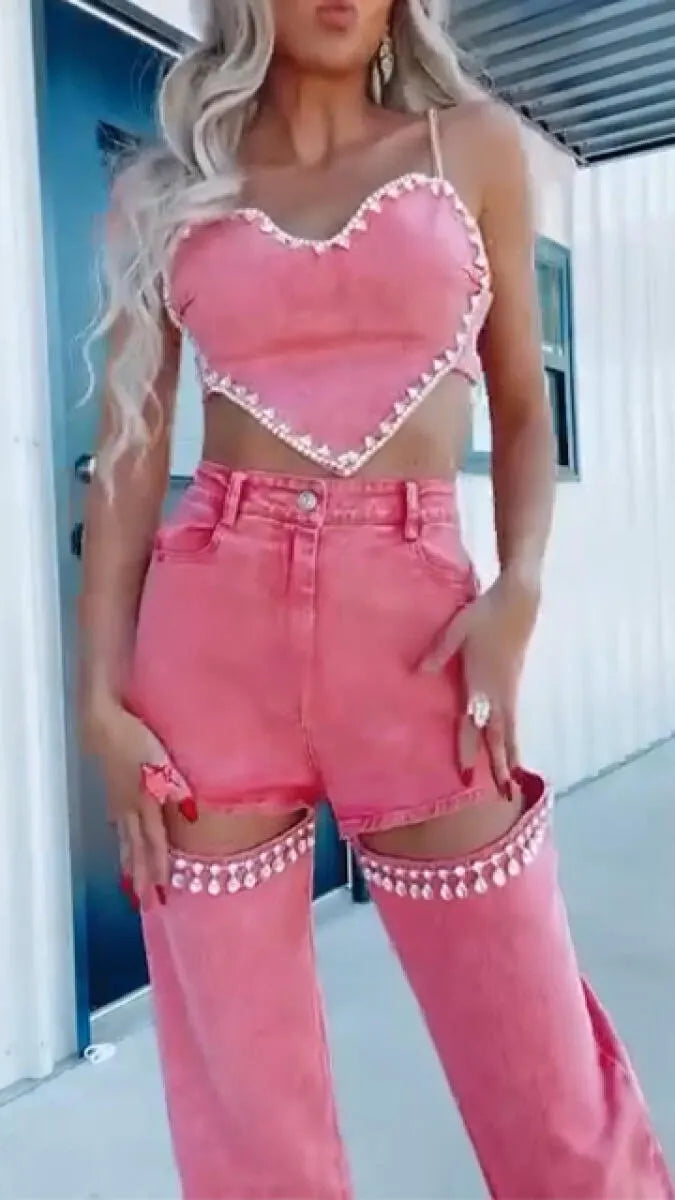 Women Suspender Heart-shaped Top+ Pants Sexy Casual Suit