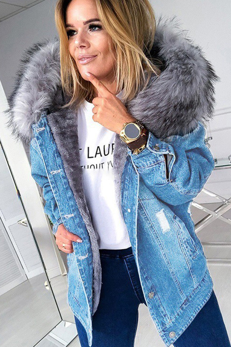 Vintage Big Fur Collar Distressed Ripped Denim Coat