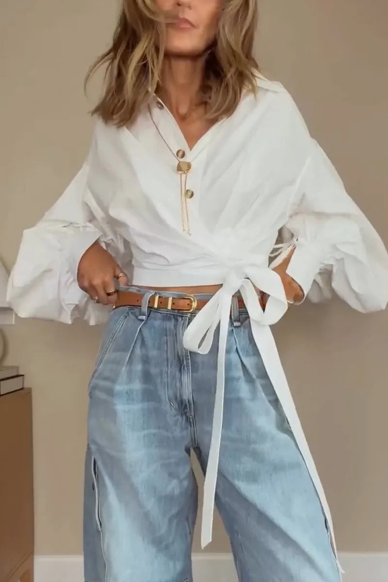 Women Casual Lantern Sleeve Lapel Shirt or Washed Water Spliced Jeans