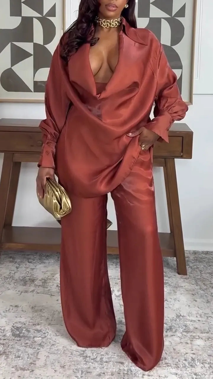 Women Laple Collar Top+ Pants Solid Color Temperament Casual Suit