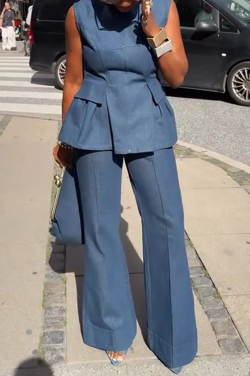 Women's Round Neck Back Hollow Strap Denim Top or Flared Jeans
