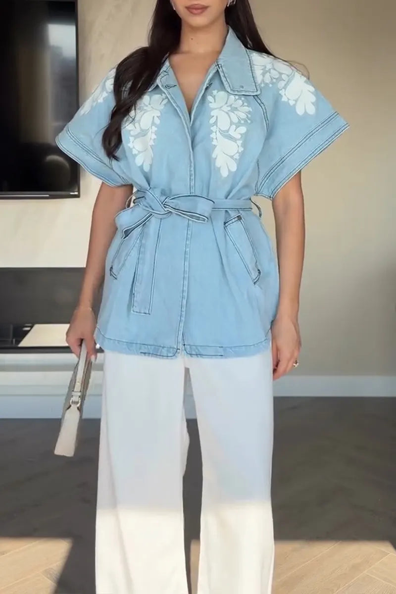 Women's Casual Wide Shoulder Floral Pattern Waist Cinching Denim Vest with Belt