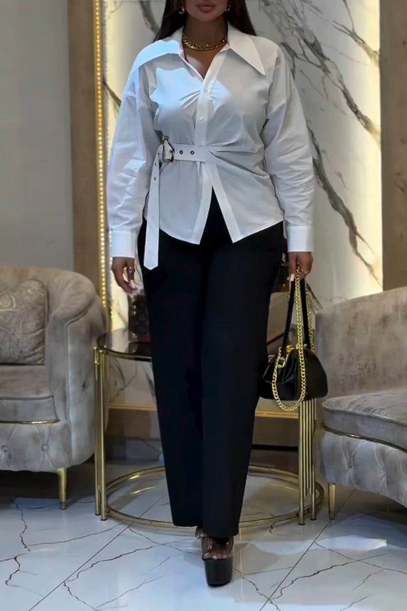 Women's Collar and Waist Cinched Elegant Casual Shirt