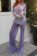 Women Collar Vertical Striped Shirt+ Pants Casual Suit